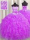 Traditional Handcrafted Flower Purple Ball Gowns Organza Sweetheart Sleeveless Beading and Ruffles and Hand Made Flower Floor Length Lace Up 15 Quinceanera Dress