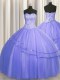Sweet Visible Boning Puffy Skirt Purple Lace Up Vestidos de Quinceanera Beading Sleeveless Floor Length