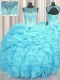 Top Selling Scoop See Through Aqua Blue Organza Lace Up Quinceanera Gown Sleeveless Floor Length Beading and Ruffles and Pick Ups