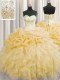 Visible Boning Gold Quince Ball Gowns Military Ball and Sweet 16 and Quinceanera and For with Beading and Ruffles Sweetheart Sleeveless Lace Up