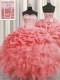 Pick Ups Visible Boning Watermelon Red Sleeveless Organza Lace Up 15th Birthday Dress for Military Ball and Sweet 16 and Quinceanera