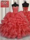Coral Red Vestidos de Quinceanera Military Ball and Sweet 16 and Quinceanera and For with Beading and Ruffles Sweetheart Sleeveless Lace Up