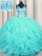 V Neck Sleeveless Zipper Floor Length Beading and Appliques and Ruffles Quinceanera Gown
