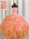 Visible Boning Orange Ball Gowns Beading and Ruffles 15th Birthday Dress Lace Up Organza Sleeveless Floor Length