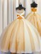 Orange Ball Gowns Organza Spaghetti Straps Sleeveless Beading and Ruching Floor Length Lace Up Ball Gown Prom Dress