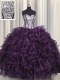 Luxurious Visible Boning Dark Purple Lace Up Vestidos de Quinceanera Ruffles and Sequins Sleeveless Floor Length