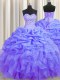 Sleeveless Floor Length Beading and Ruffles and Pick Ups Lace Up Quince Ball Gowns with Lavender
