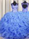 Fashionable V Neck Beading and Appliques and Ruffles Quinceanera Gown Blue Zipper Sleeveless Floor Length