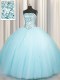 Hot Sale Really Puffy Floor Length Lace Up 15 Quinceanera Dress Aqua Blue for Military Ball and Sweet 16 and Quinceanera with Beading and Sequins