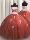 Fashion Rust Red Tulle Lace Up 15th Birthday Dress Sleeveless Floor Length Beading and Appliques