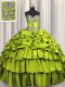 Custom Made Embroidery Brush Train Sweetheart Sleeveless Lace Up Quinceanera Dress Olive Green Taffeta