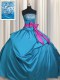 Floor Length Lace Up Ball Gown Prom Dress Teal for Military Ball and Sweet 16 and Quinceanera with Beading and Ruching and Bowknot