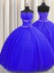 Handcrafted Flower Royal Blue Tulle Lace Up Quinceanera Dresses Sleeveless Floor Length Beading and Ruching and Hand Made Flower