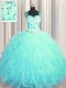 Beauteous See Through Zipper Up Square Sleeveless Zipper Quinceanera Gowns Aqua Blue Tulle
