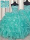 New Style Floor Length Turquoise Quinceanera Dresses Organza Sleeveless Beading and Ruffles