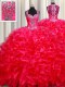 Straps Red Sleeveless Floor Length Beading and Ruffles Zipper Sweet 16 Quinceanera Dress