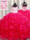 Hot Selling Hot Pink Ball Gowns Organza Straps Sleeveless Embroidery and Ruffles Floor Length Lace Up Quinceanera Dresses