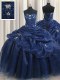 Edgy Sleeveless Floor Length Appliques and Pick Ups Lace Up Sweet 16 Dresses with Navy Blue