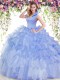 Backless High-neck Sleeveless Sweet 16 Dresses Floor Length Beading and Ruffled Layers Blue Organza