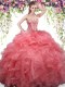 Trendy Coral Red Organza Lace Up Sweetheart Sleeveless Floor Length 15 Quinceanera Dress Beading and Ruffles