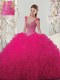 Hot Pink Sweet 16 Dress Military Ball and Sweet 16 and Quinceanera and For with Beading and Ruffles and Hand Made Flower Straps Sleeveless Lace Up