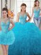 Pretty Three Piece Scoop Baby Blue Sleeveless Beading and Ruffles Floor Length Sweet 16 Dresses
