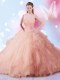 Sleeveless Tulle Floor Length Lace Up Quinceanera Gowns in Peach with Beading and Ruffles