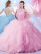 Clearance Beading and Ruffles and Sequins Sweet 16 Dress Baby Pink Zipper Sleeveless Floor Length