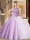 Fitting Brush Train Ball Gowns Quinceanera Gowns Lavender Scoop Tulle Sleeveless Lace Up