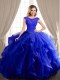 Modest Scoop Cap Sleeves Tulle With Brush Train Lace Up 15 Quinceanera Dress in Royal Blue with Beading and Appliques and Ruffles