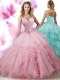Fantastic Sleeveless Organza Floor Length Lace Up Sweet 16 Quinceanera Dress in Pink with Beading and Ruffled Layers