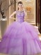 New Style Scoop Ruffled Lilac Sleeveless Tulle Brush Train Lace Up Quinceanera Gowns for Military Ball and Sweet 16 and Quinceanera