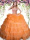 Vintage Orange Organza Lace Up Sweetheart Sleeveless Floor Length Sweet 16 Dresses Beading and Ruffled Layers and Pick Ups