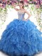 Super Mermaid Aqua Blue Organza Lace Up Sweetheart Sleeveless Floor Length Sweet 16 Quinceanera Dress Beading and Ruffles