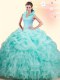Custom Designed Backless High-neck Sleeveless 15th Birthday Dress Brush Train Beading and Ruffles and Pick Ups Apple Green Organza