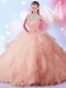 Floor Length Zipper 15th Birthday Dress Peach for Military Ball and Sweet 16 and Quinceanera with Beading and Ruffles and Sequins