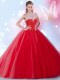 Stunning Red Sleeveless Floor Length Beading and Sequins Zipper Vestidos de Quinceanera
