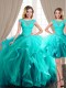 Colorful Three Piece Tulle Scoop Cap Sleeves Brush Train Lace Up Beading and Appliques and Ruffles Quinceanera Gowns in Aqua Blue