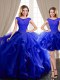 Glittering Three Piece Royal Blue Ball Gowns Scoop Cap Sleeves Tulle With Brush Train Lace Up Beading and Appliques and Ruffles Ball Gown Prom Dress