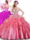 Coral Red Ball Gowns Sweetheart Sleeveless Organza Floor Length Lace Up Beading and Appliques Sweet 16 Dresses