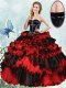 Vintage Ruffled Ball Gowns Quinceanera Gown Red And Black Sweetheart Organza Sleeveless Floor Length Lace Up