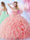 Modest Watermelon Red Organza Lace Up Sweetheart Sleeveless Floor Length Quince Ball Gowns Beading and Ruffles