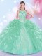 Halter Top Sleeveless Organza Floor Length Lace Up Sweet 16 Dresses in Apple Green with Appliques and Ruffles