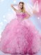 Admirable Sleeveless Floor Length Beading and Ruffles Lace Up Quinceanera Gowns with Rose Pink