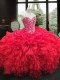 Red Lace Up Sweetheart Embroidery and Ruffles Quince Ball Gowns Organza Sleeveless