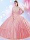 Cheap Floor Length Watermelon Red Quinceanera Dress High-neck Sleeveless Lace Up
