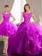 Luxury Three Piece Scoop Fuchsia Tulle Lace Up 15th Birthday Dress Cap Sleeves With Brush Train Beading and Appliques and Ruffles