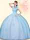 Fine Sleeveless Tulle Floor Length Backless Quinceanera Dresses in Baby Blue with Beading and Appliques