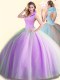 Lilac Ball Gowns Tulle High-neck Sleeveless Beading Floor Length Backless 15th Birthday Dress