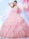 Floor Length Lace Up Vestidos de Quinceanera Baby Pink for Military Ball and Sweet 16 and Quinceanera with Beading and Ruffles and Pick Ups